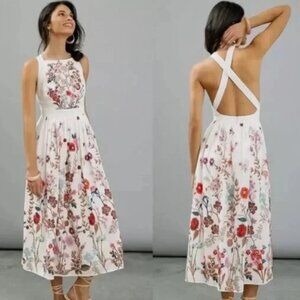 Anthropologie White and Red Floral Midi Dress